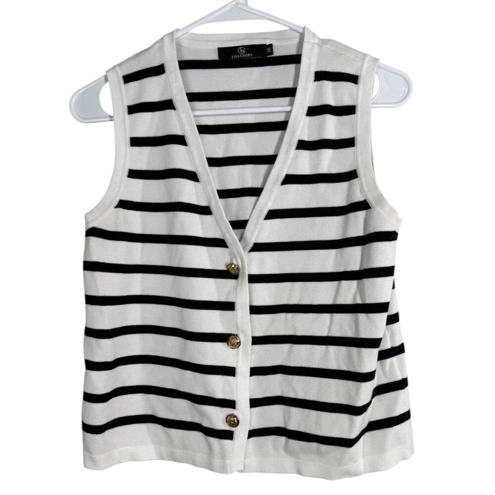 Lilussory Womens White Black Cardigan Sz M Preppy Nautical Old Money Academia